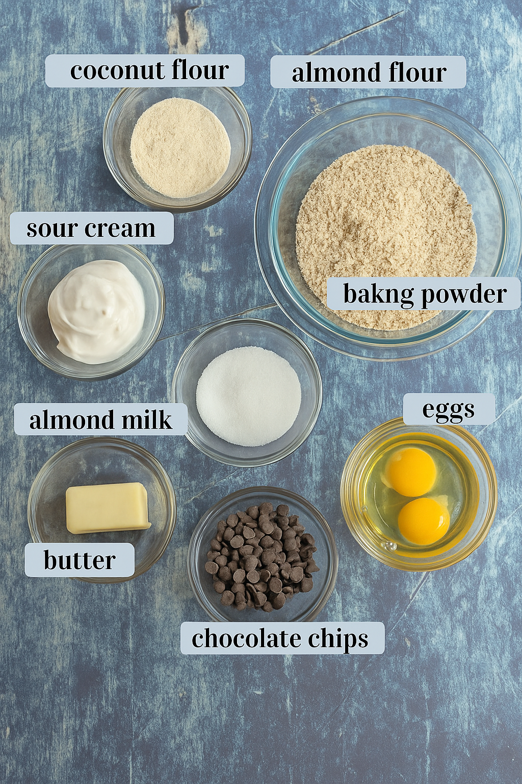 cottage-cheese-keto-chocolate-chip-muffins-ingredients Cottage cheese keto muffin ingredients on table