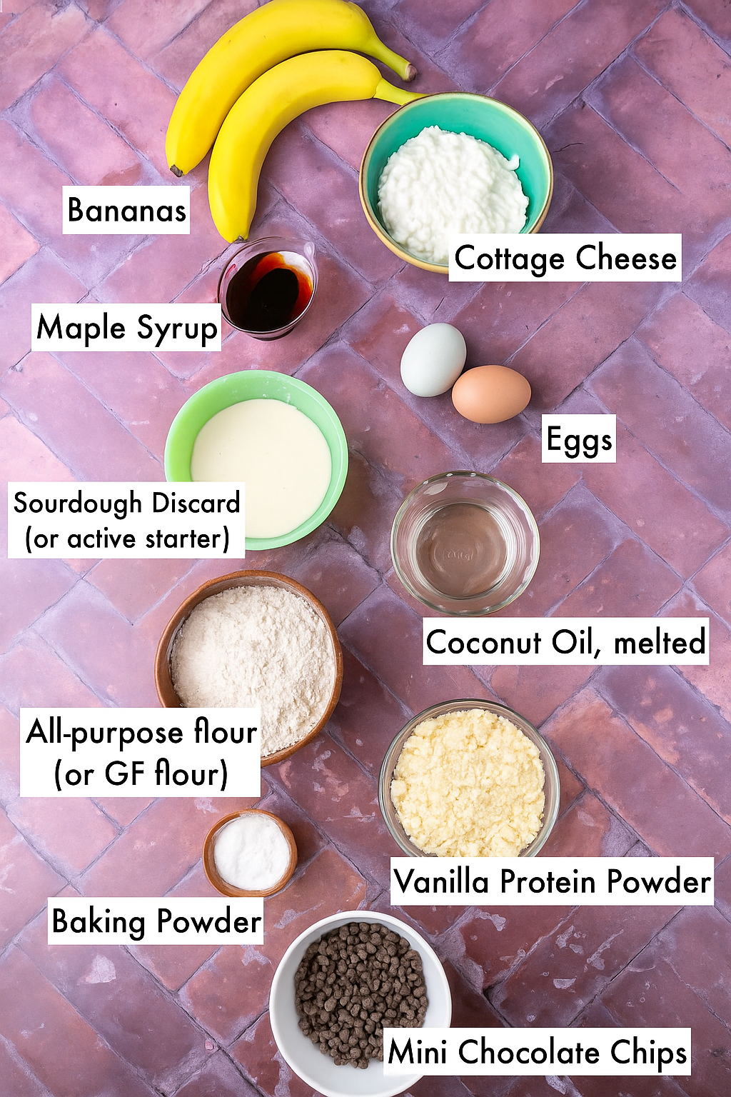 banana-chocolate-chip-cottage-cheese-muffins-ingredients ingredients for banana chocolate chip cottage cheese muffins