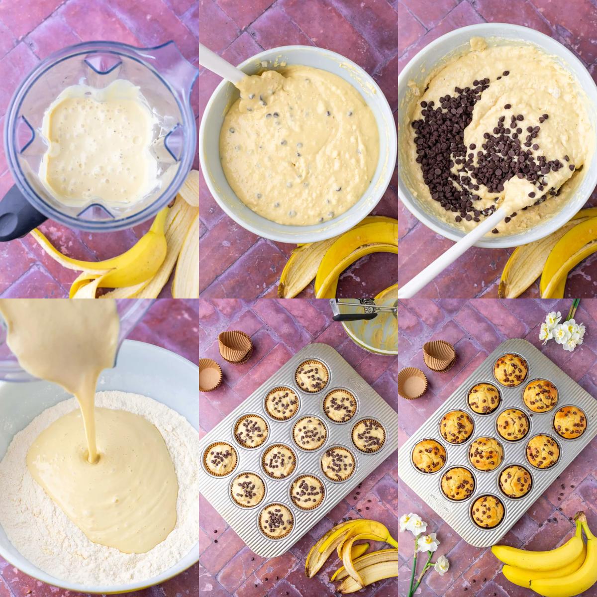 mixing-banana-chocolate-chip-cottage-cheese-muffin-batter folding chocolate chips into banana cottage cheese muffin batter