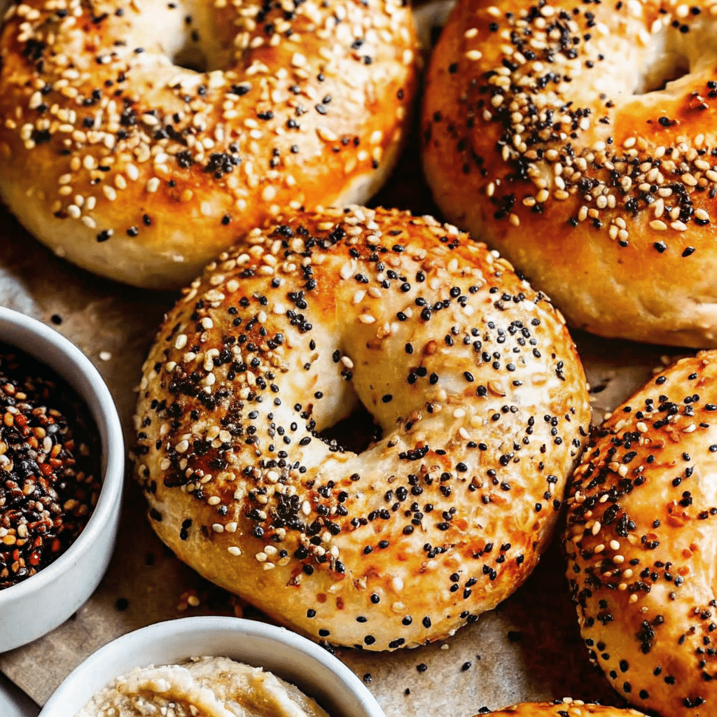 Freshly baked everything cottage cheese bagel topped with sesame and poppy seeds