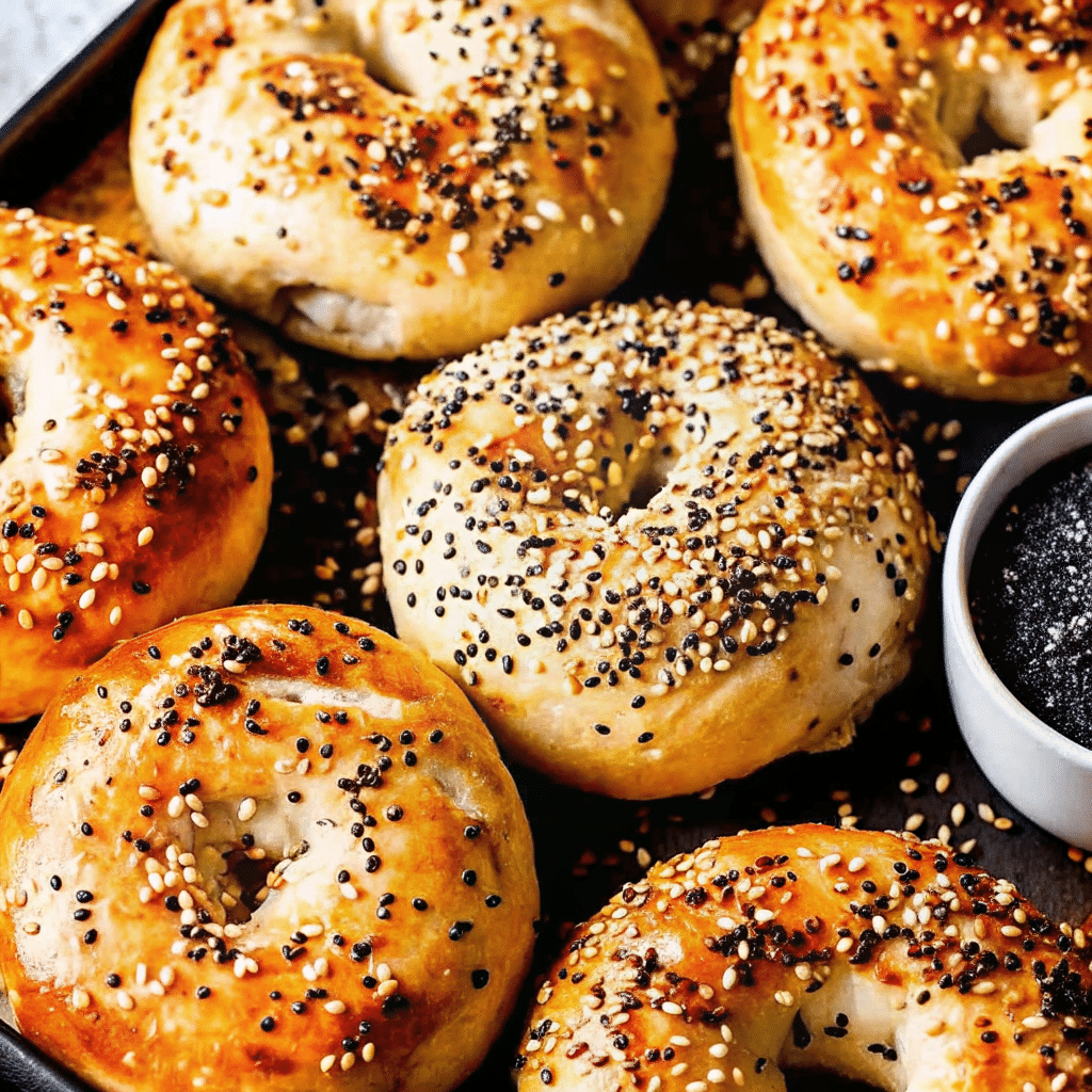 Freshly baked cottage cheese bagels golden and puffed