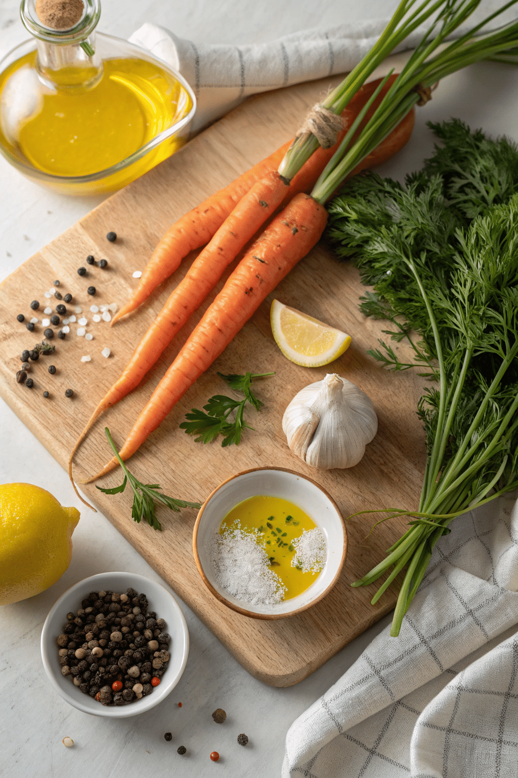 hello-fresh-carrot-ingredients-flatlay Fresh carrots, garlic, lemon, olive oil, and herbs arranged on a cutting board
