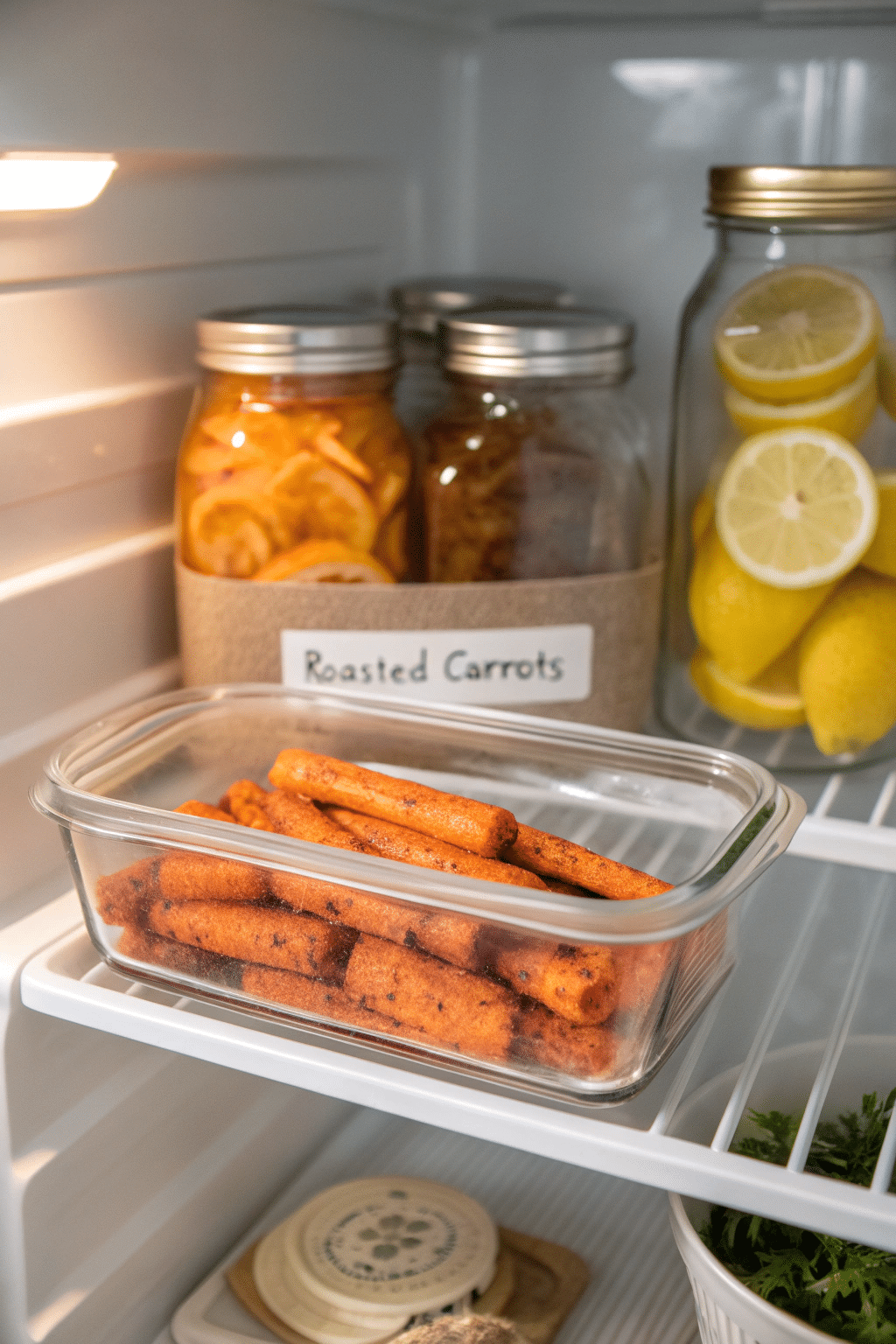 hello-fresh-carrot-meal-prep Roasted carrots stored in a glass container inside a fridge door