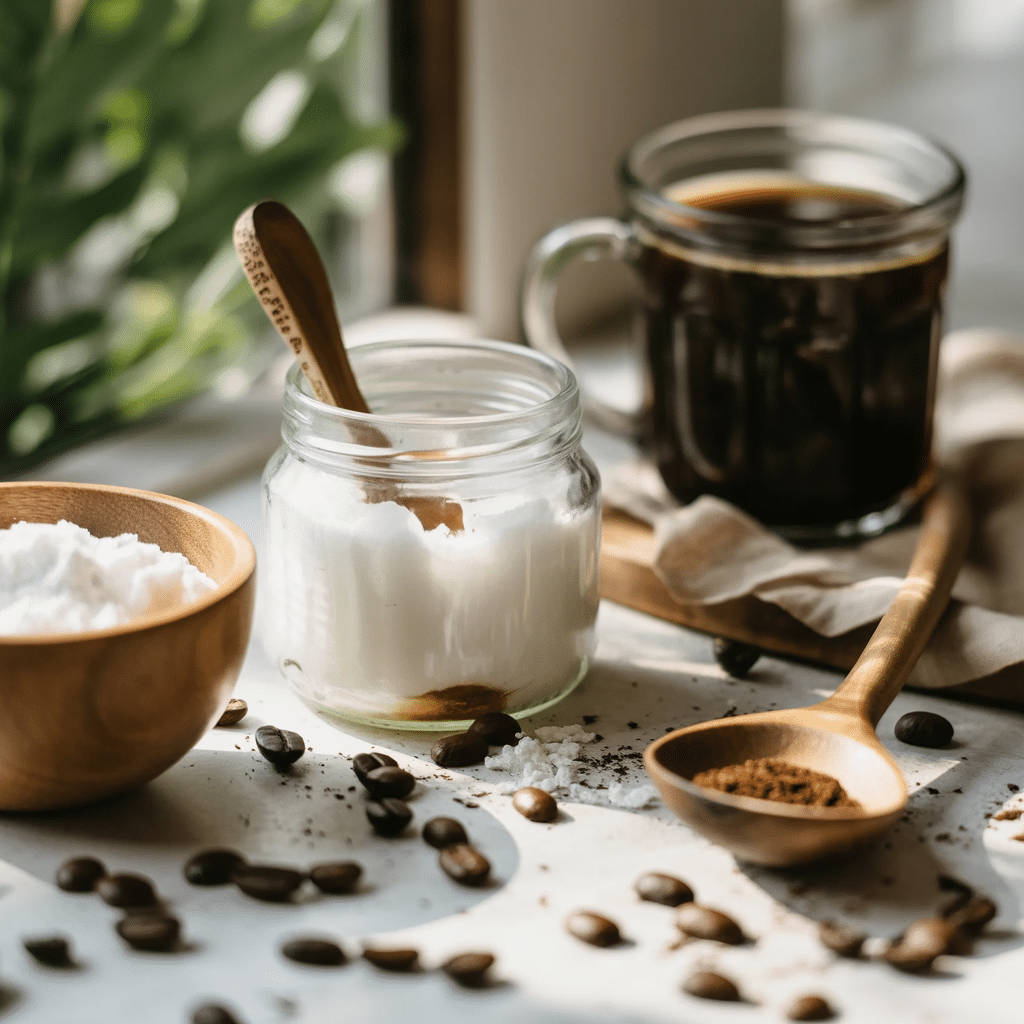 Key ingredients for the 2 Ingredient Coffee Loophole recipe, featuring coconut oil and ground coffee 2 Ingredient Coffee Loophole recipe ingredients with coconut oil and coffee
