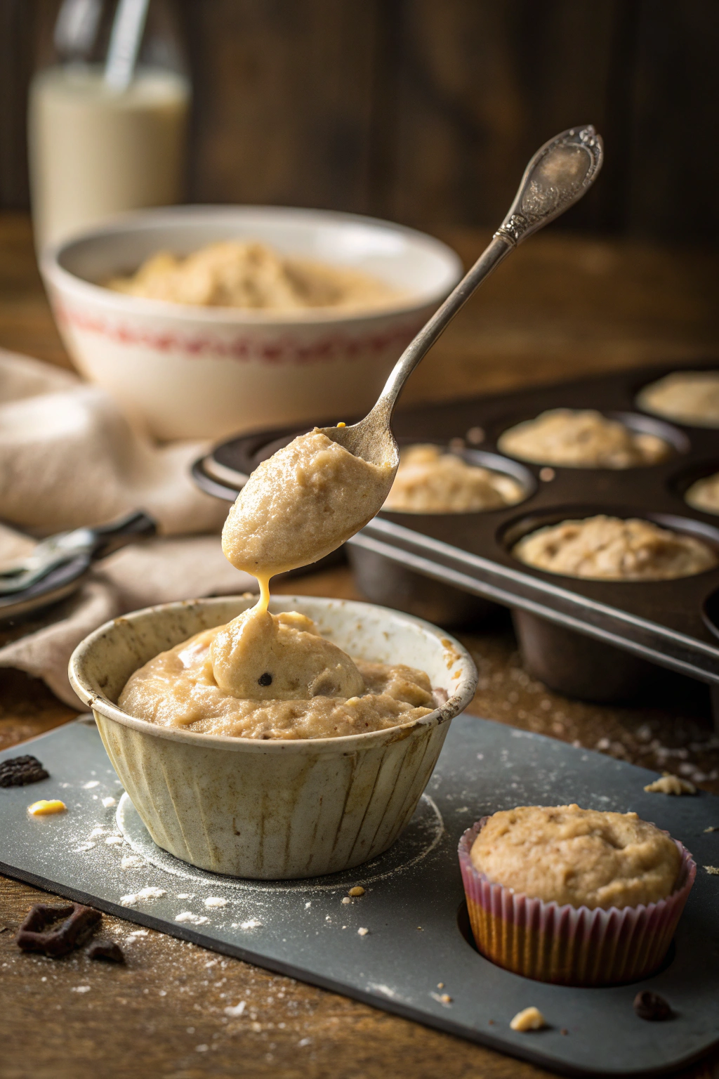 cottage-cheese-muffin-batter-step Scooping cottage cheese muffin batter into tins