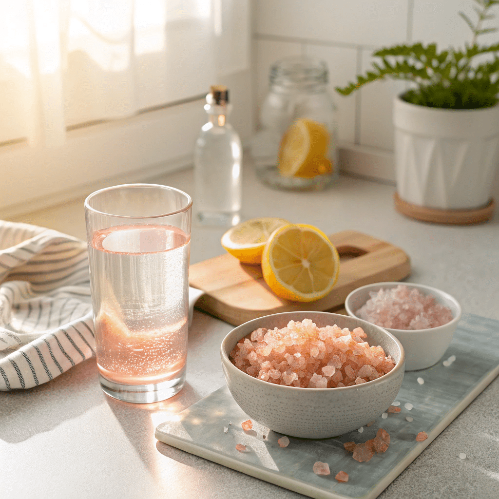 Oprah pink salt trick glass on morning table