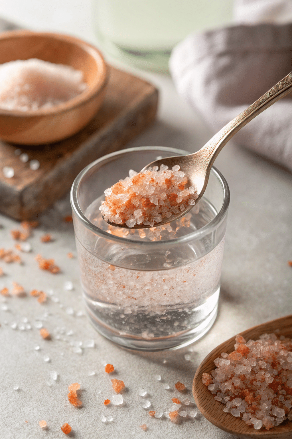 mixing-pink-salt-warm-water.jpg Mixing pink salt into warm water glass