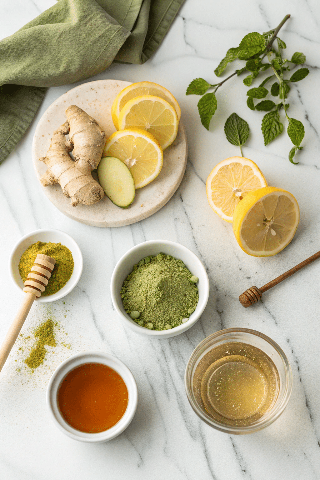 natural-mounjaro-drink-ingredients. Natural Mounjaro Drink ingredients on a marble countertop