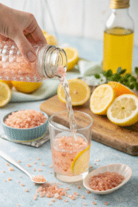 Mixing pink salt into lemon water