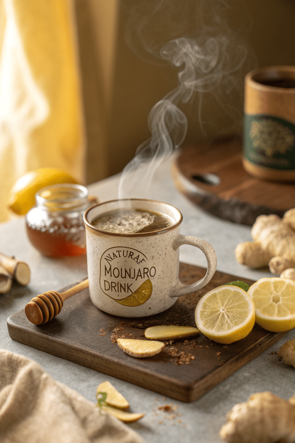 natural-mounjaro-drink-hot-version. Hot Natural Mounjaro Drink in a mug with ginger and lemon